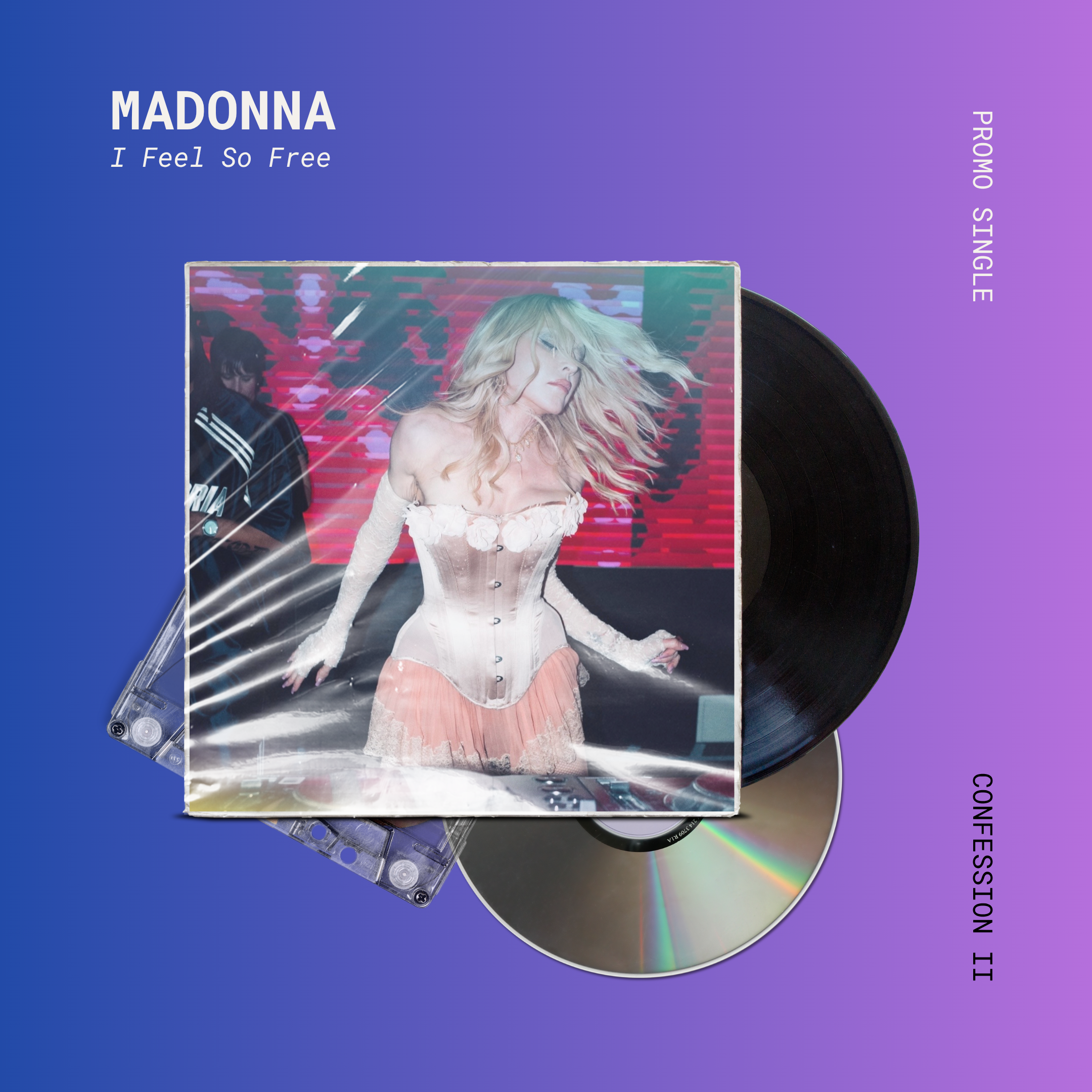 Album cover of Madonna's 'I Feel So Free' promo single, featuring a photo of the artist with flowing hair, set against a gradient background with a vinyl record and cassette tape.