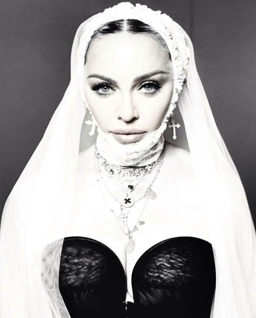 Close-up portrait of a woman wearing a white veil and intricate jewelry, featuring a black bustier top. Her makeup is dramatic, with accentuated eyes and a neutral lip.