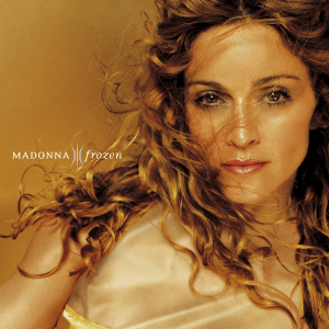 Album cover for Madonna's song 'Frozen', featuring a close-up of a woman with wavy, golden hair against a golden background.