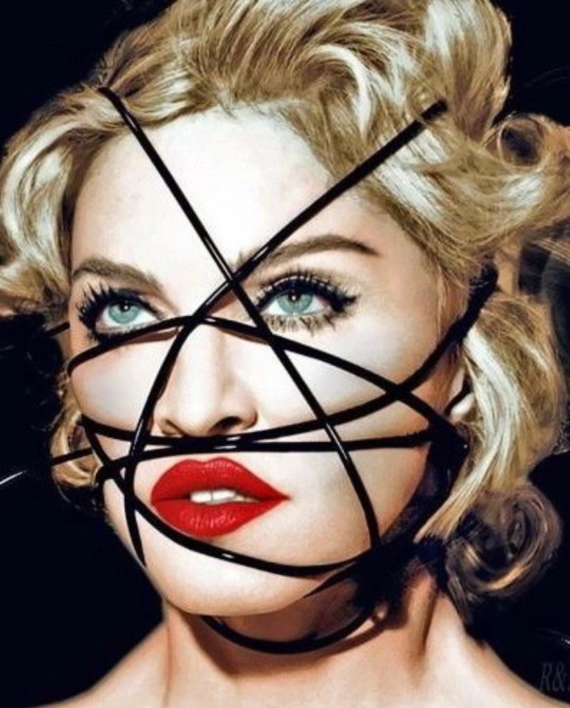 Close-up of a woman's face with striking blue eyes and red lips, surrounded by abstract black lines creating a fragmented effect.