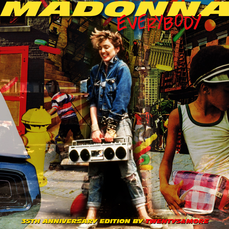 Album cover featuring Madonna with a boombox, surrounded by colorful urban elements and city streets, celebrating the 35th anniversary of 'Everybody'.