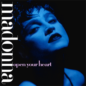 A close-up portrait of a woman with short, dark hair, featuring dramatic blue lighting. The text 'madonna' and 'open your heart' is displayed prominently on the image.