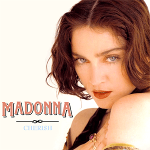 A close-up image of a woman with wavy brown hair and striking blue eyes, looking directly at the camera. The text 'MADONNA' is prominently displayed in a bold font, with the word 'CHERISH' underneath.