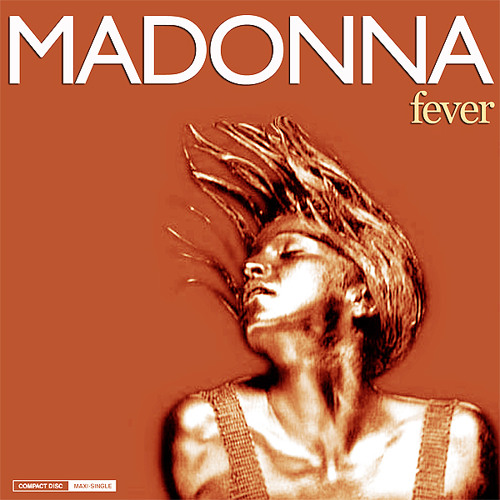 Album cover for Madonna's single 'Fever', featuring a stylized image of a woman with flowing hair against an orange background.