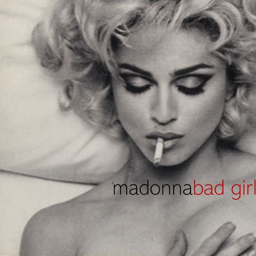 Black and white image of a woman with curly blond hair lying on a bed, smoking a cigarette. The text 'madonna bad girl' is overlaid in red and black.