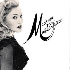 Black and white image of a woman with blonde hair styled in waves, wearing a black top. The text 'Madonna Masterpiece' is artistically written in a cursive font.
