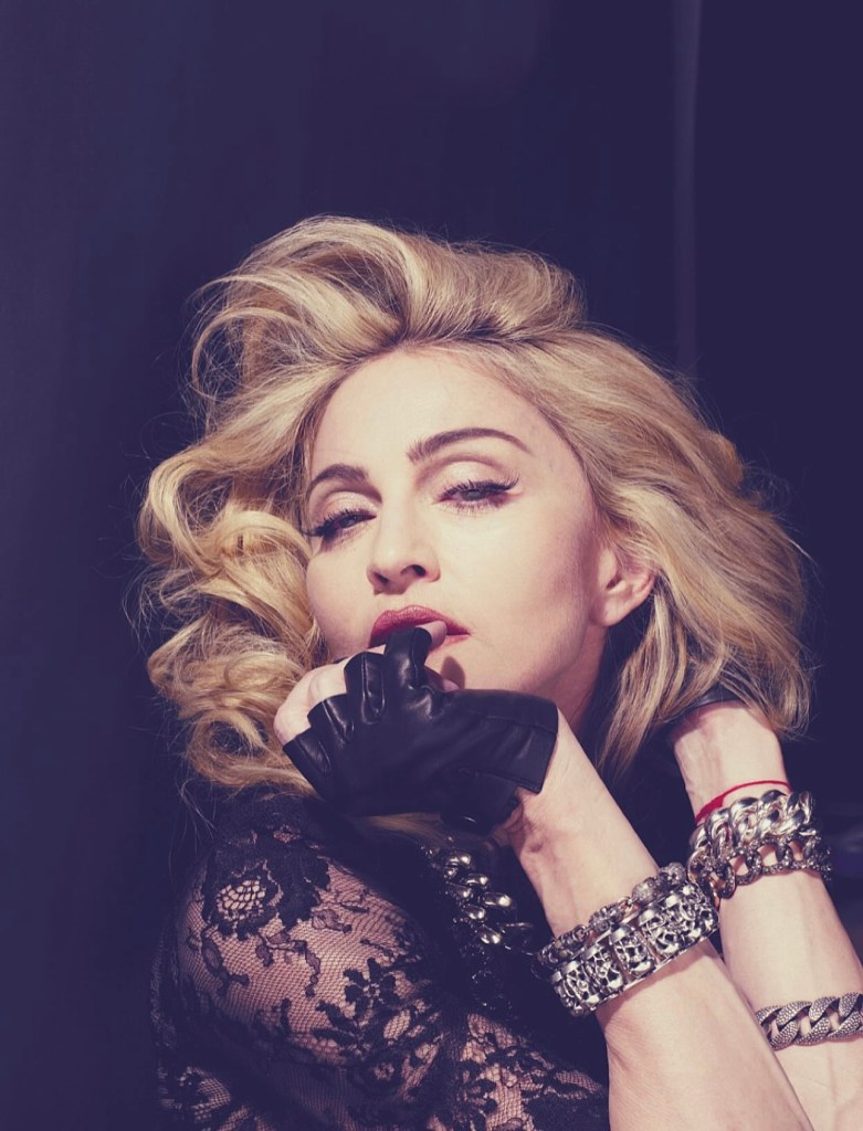 A glamorous woman with wavy blonde hair, wearing a black lace top and multiple silver bracelets, posing with her finger on her lips and a teasing expression.