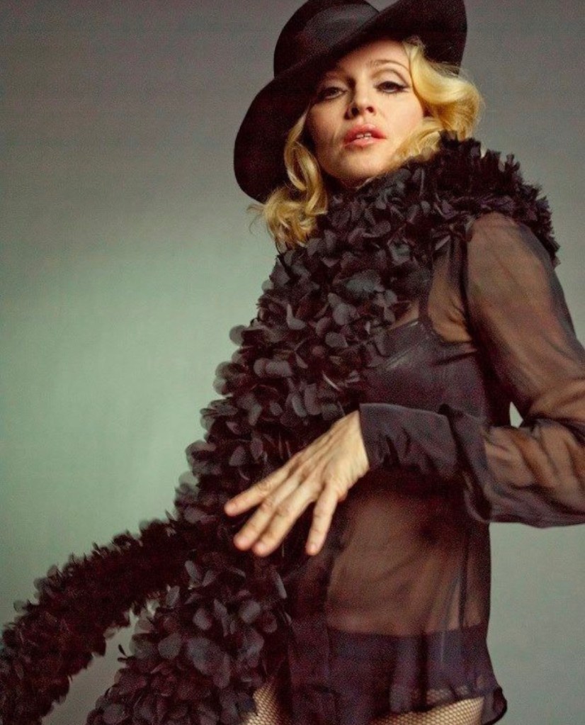 A stylish individual wearing a wide-brimmed black hat and a sheer black blouse, adorned with a floral scarf, striking a pose against a softly lit background.