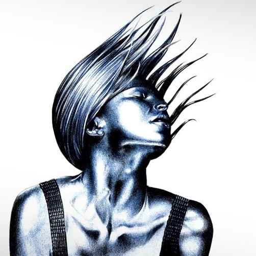 Stylized portrait of a woman with dramatic flowing hair, showcasing a metallic blue color scheme and an expressive pose.