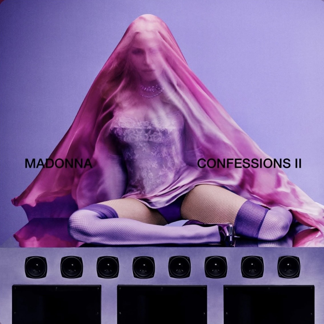 A female figure with long, blonde hair draped in a pink veil, sitting on the floor in a seductive pose, wearing lingerie and thigh-high stockings, with a purple background and the text 'MADONNA CONFESSIONS II' prominently displayed.