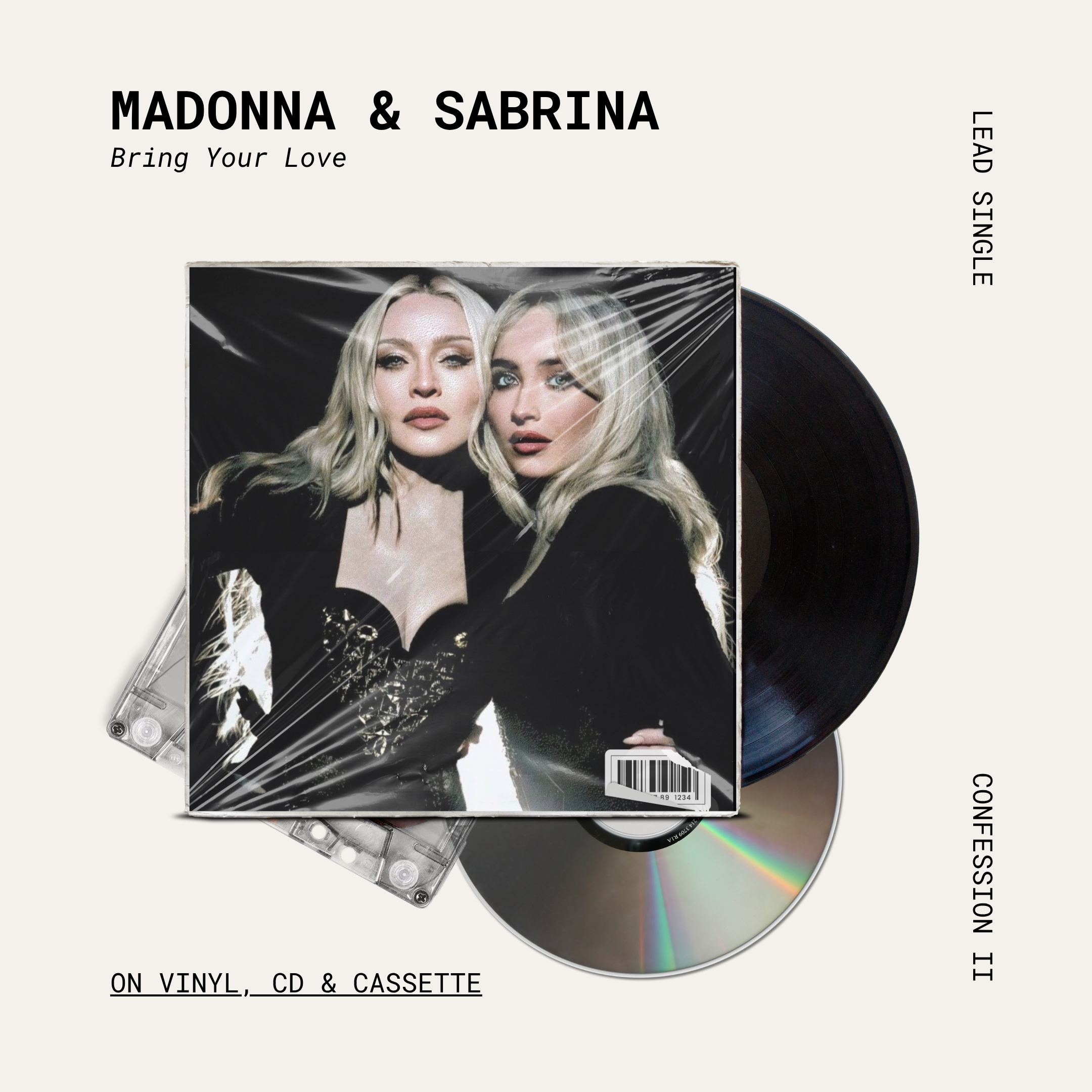 Album cover featuring Madonna and Sabrina with the title 'Bring Your Love' and details for the single 'Confession II', displayed among vinyl, CD, and cassette formats.