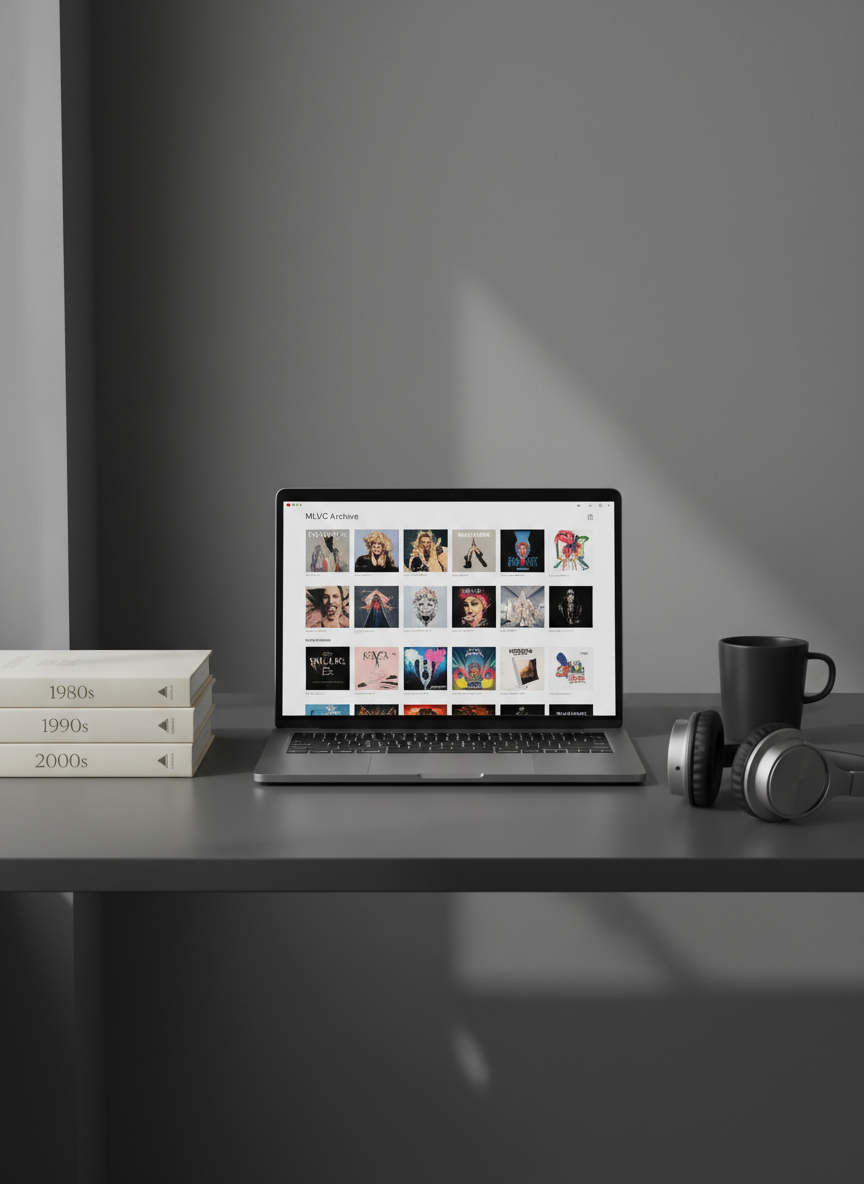 A sophisticated minimalist workspace for cataloging Madonna eras, featuring a slim, brushed-metal laptop displaying a grid of abstract era cover thumbnails, arranged in a clean interface titled “MLVC Archive.” The laptop rests on a matte charcoal desk alongside neatly stacked hardcover books labeled with different decades, and a single, stylish pair of over-ear headphones. Soft, diffused afternoon light enters from an unseen window, creating gentle gradients on the desk surface and faint shadows from the objects. Photographic realism with a modern, understated aesthetic, framed in a centered composition at eye level, with crisp focus throughout, evoking a sense of intellectual curation and refined musical scholarship.