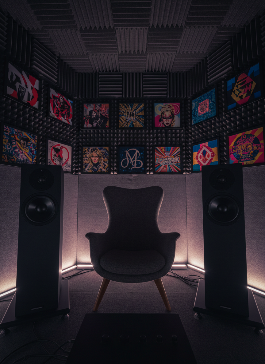 A dark, acoustically treated listening room dedicated to deep exploration of Madonna’s catalog, featuring towering black studio speakers, a central listening chair silhouetted but unoccupied, and walls lined with custom-framed, abstract visual interpretations of different eras—each frame holding only symbolic colors, patterns, and typography. Subtle LED strip lighting in muted purples and golds traces the baseboards, adding a refined glow that grazes the fabric wall panels. Photographic realism, shot from a low-angle perspective toward the front speakers, with a balanced composition and moderate depth of field so the foreground equipment is sharp while the abstract era art softens in the distance, creating an immersive, contemplative mood.