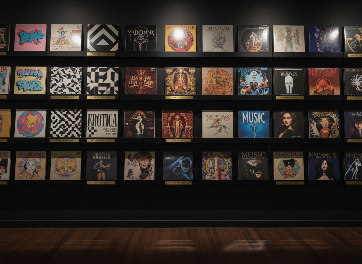 A meticulously organized vinyl archive wall dedicated to Madonna’s musical eras, with neat rows of era-specific record sleeves, each in distinct, sophisticated color palettes and typography, arranged chronologically on matte black shelving. Small metallic plaques beneath each sleeve display minimalist era titles. The scene is set in a dim, gallery-like room with polished dark wood floors and a single, soft overhead spotlight that creates subtle reflections and gentle shadows. Photographic realism with a clean, modern aesthetic, captured at eye level with a shallow depth of field so the central records are sharp while the outer edges softly blur, evoking a refined, curated, museum-quality atmosphere.