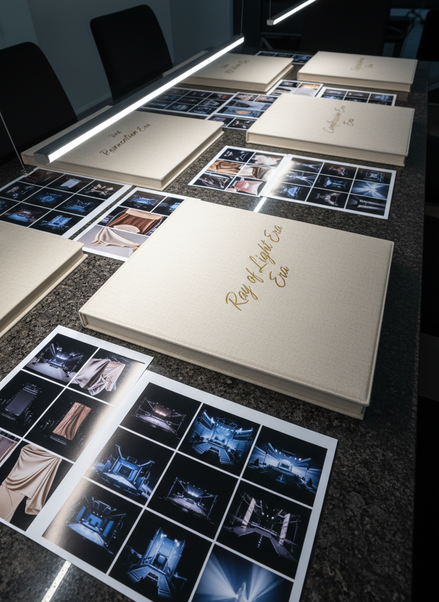 A series of archival-grade, linen-bound portfolios laid out on a long, dark stone table, each portfolio subtly embossed with titles like “Reinvention Era,” “Ray of Light Era,” and “Confessions Era” in fine metallic script. Between them lie high-quality, glossy printed contact sheets of stage sets, lighting rigs, and costume fabric swatches, all shot without performers. Overhead, a single linear light casts even, cool illumination, emphasizing textures and creating delicate shadows at the edges of each portfolio. Photographic realism, captured from a diagonal top-down angle, with selective focus on the central portfolio while the others softly recede, conveying a scholarly yet glamorous atmosphere befitting a high-end music archive.