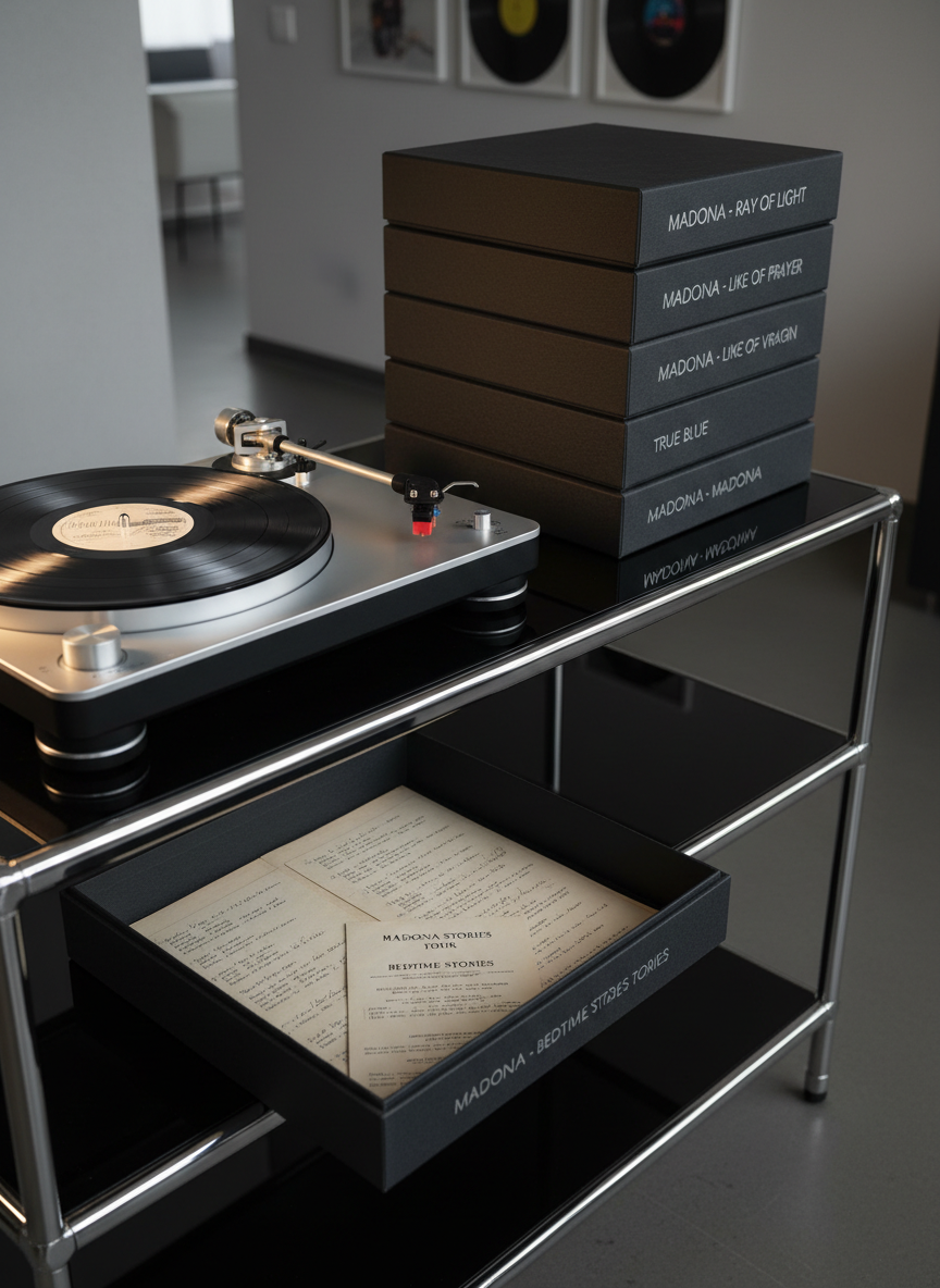 A luxurious turntable setup on a sleek, glossy black console, featuring a stack of labeled archival boxes, each embossed with elegant silver lettering of different Madonna album eras. The turntable’s tonearm hovers above a blank black vinyl, while an open archival box reveals carefully preserved, era-specific lyric sheets and setlists. Soft, warm studio lighting from the side creates subtle highlights on metallic details and a calm interplay of light and shadow. Photographic realism, shot from a slightly elevated angle using the rule of thirds, with the turntable in sharp focus and the background fading into a tasteful blur, conveying a sophisticated, collector-level devotion to musical history.