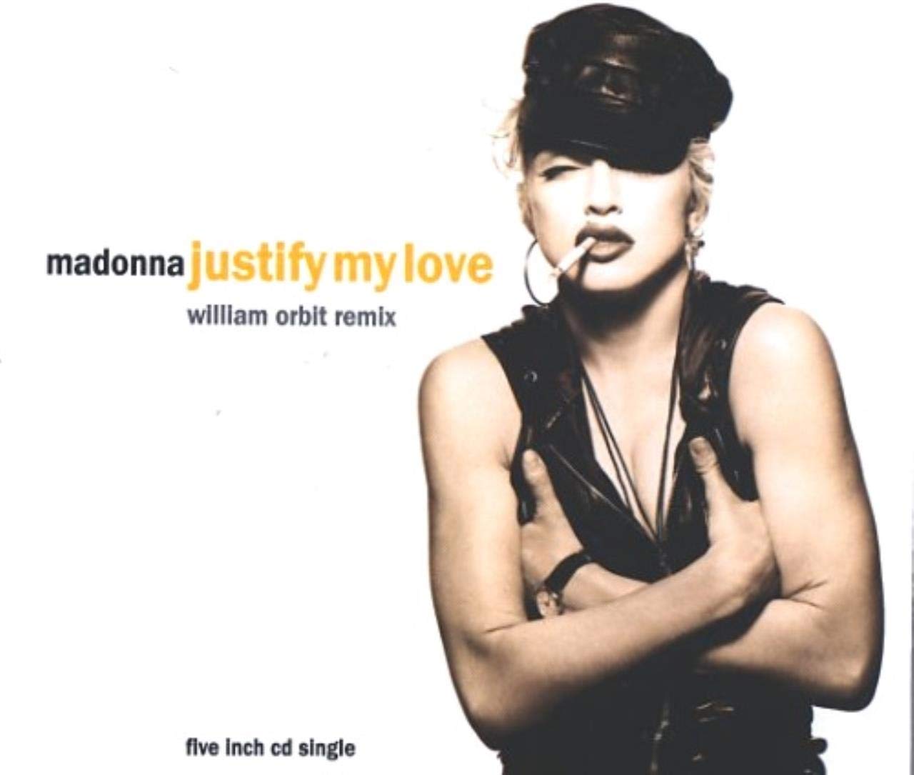 Album cover for Madonna's 'Justify My Love' featuring a woman with a cigarette, wearing a leather cap and vest, with her arms crossed.