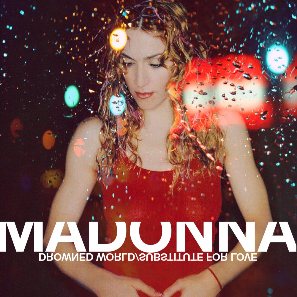 A woman with long, curly hair wearing a red top, looking down with a contemplative expression, surrounded by abstract colorful lights and a slightly blurred background.