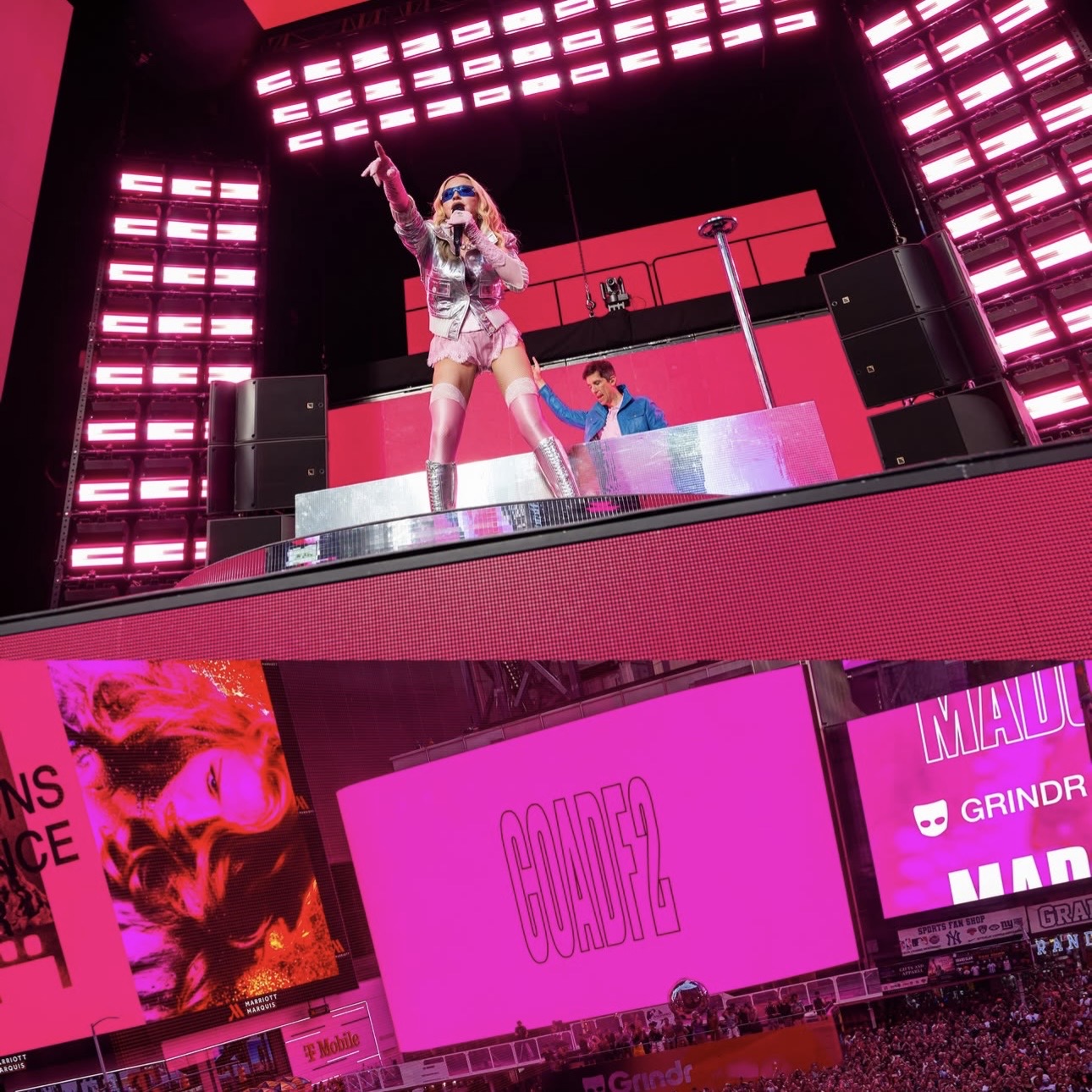 A performer on stage wearing futuristic attire, including silver clothing and sunglasses, sings passionately while gesturing to the audience. The backdrop features bright pink LED screens with promotional content.