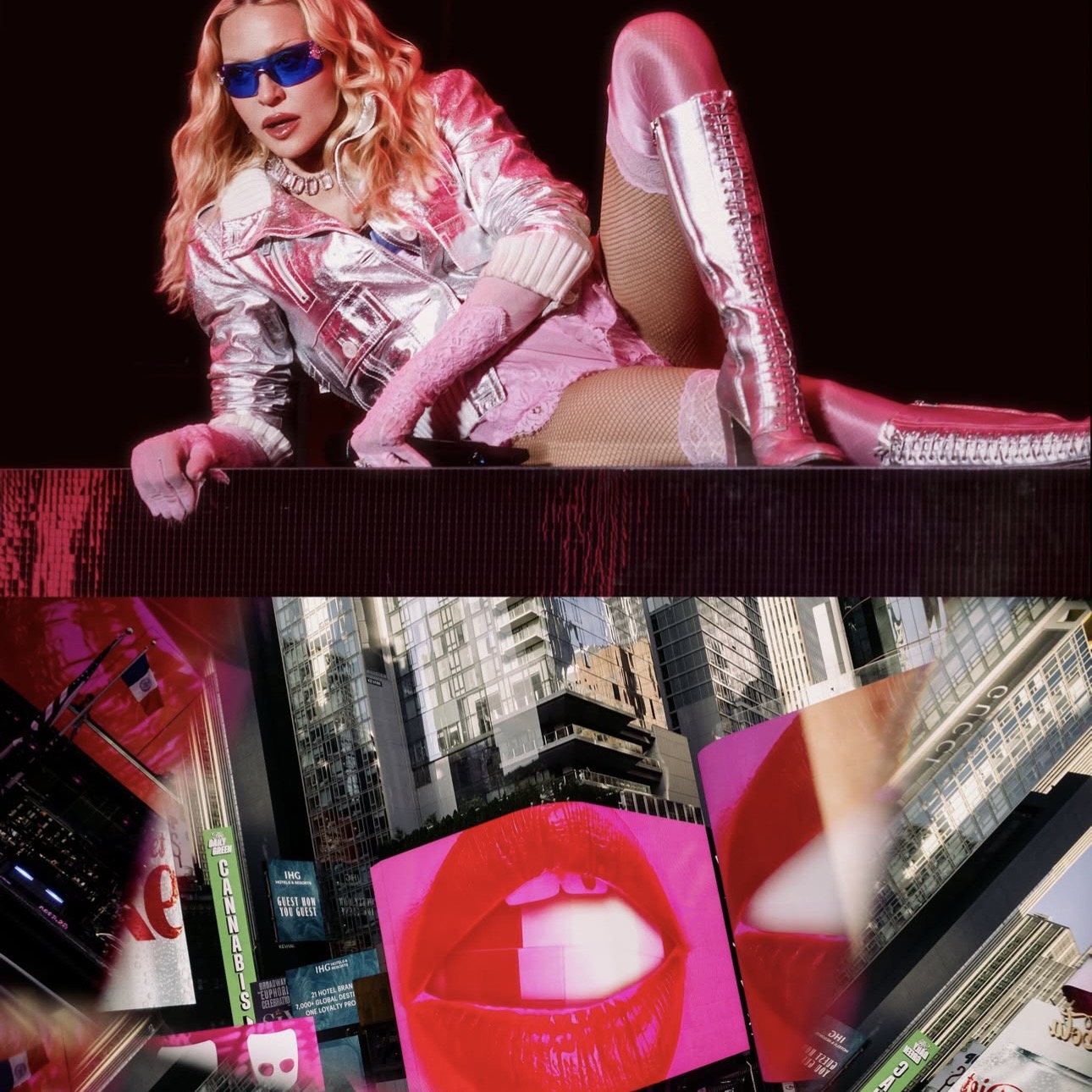 A glamorous figure in metallic clothing and sunglasses poses confidently on a stage, with bright colors and dramatic lighting, while the background features vibrant advertising screens showcasing bold red lips.