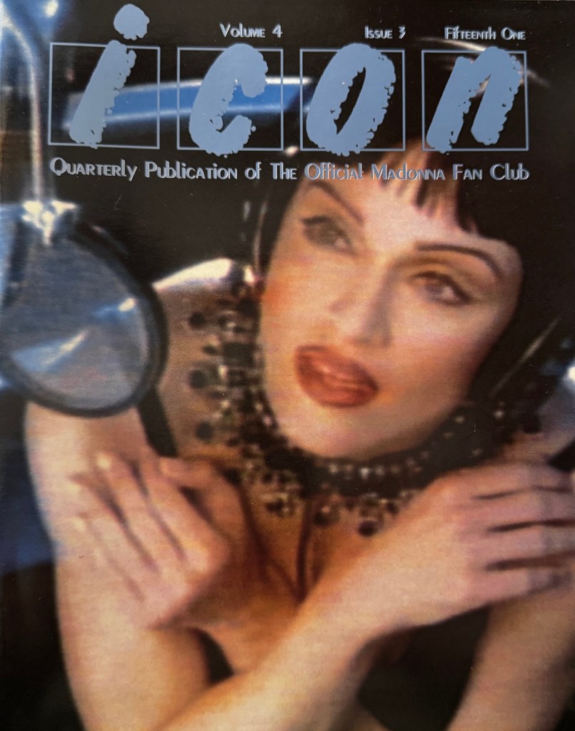 Cover of 'Icon' magazine featuring a close-up image of a woman with dark hair, wearing headphones and a statement necklace, promoting the official Madonna fan club.