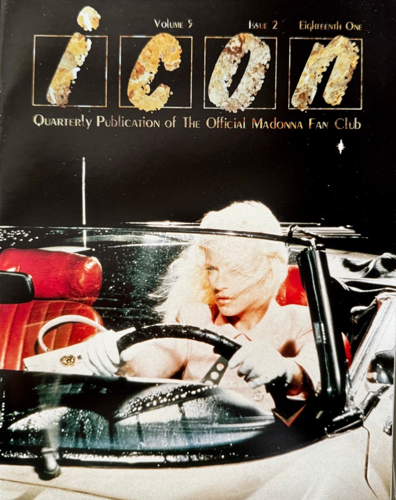 Cover of 'Icon' magazine featuring a woman with blonde hair driving a convertible car, with red leather seats and a dark background.