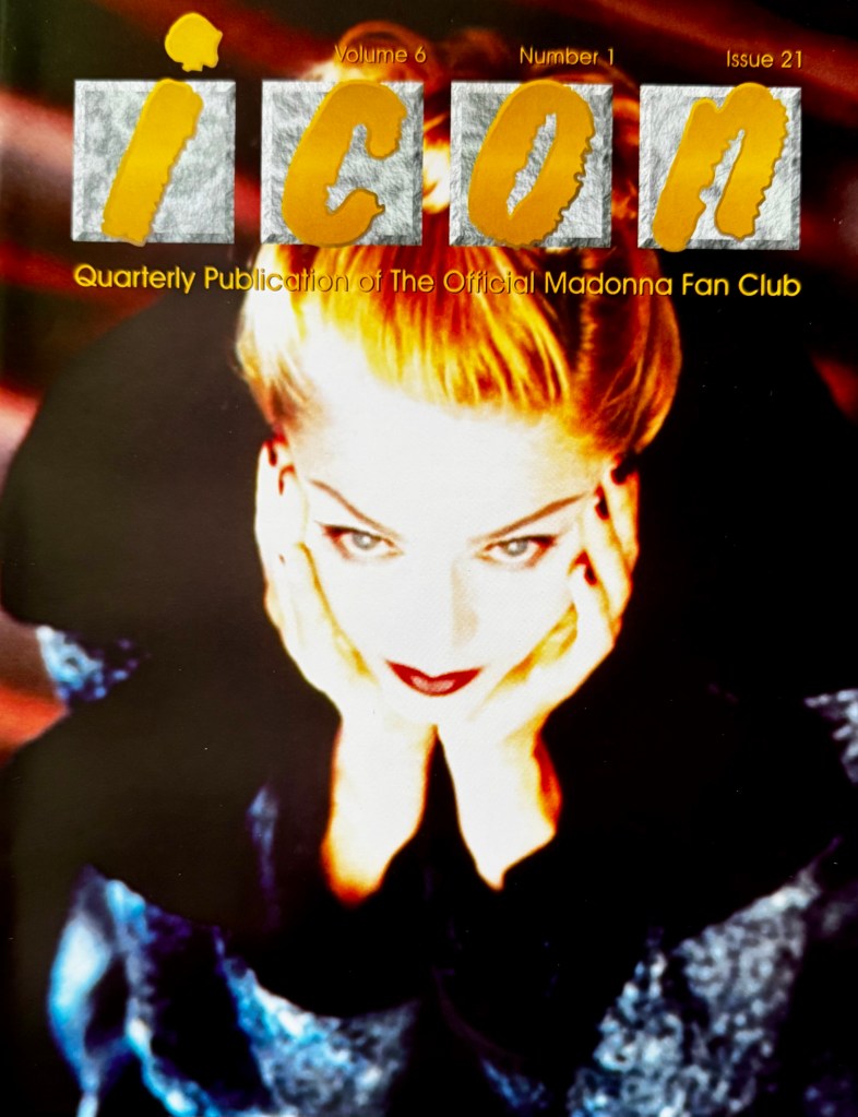 Cover of the 'ICON' magazine featuring a close-up of a woman with blonde hair and dramatic makeup, resting her chin on her hands, with text indicating it is the quarterly publication of the official Madonna fan club.