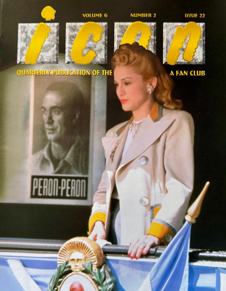 Cover of a magazine titled 'Icon,' featuring a woman in a stylish coat standing beside a portrait of a man labeled 'Peron-Peron.'