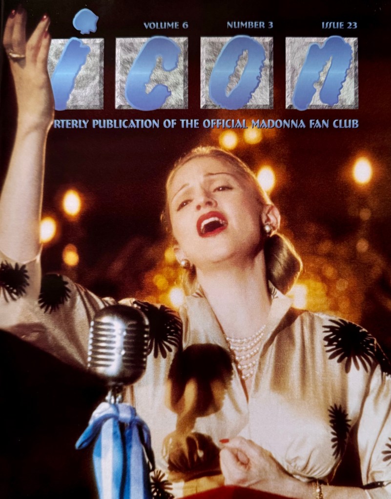 Cover of 'ICON', the official fan club magazine for Madonna, featuring a woman singing passionately with a vintage microphone, adorned in a floral-patterned blouse.