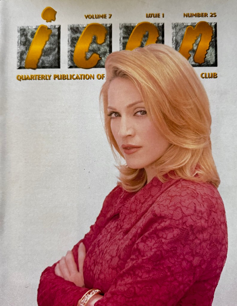 Cover of 'Icon' magazine featuring a woman with long blonde hair, wearing a red lace top, looking confidently towards the camera with her arms crossed.