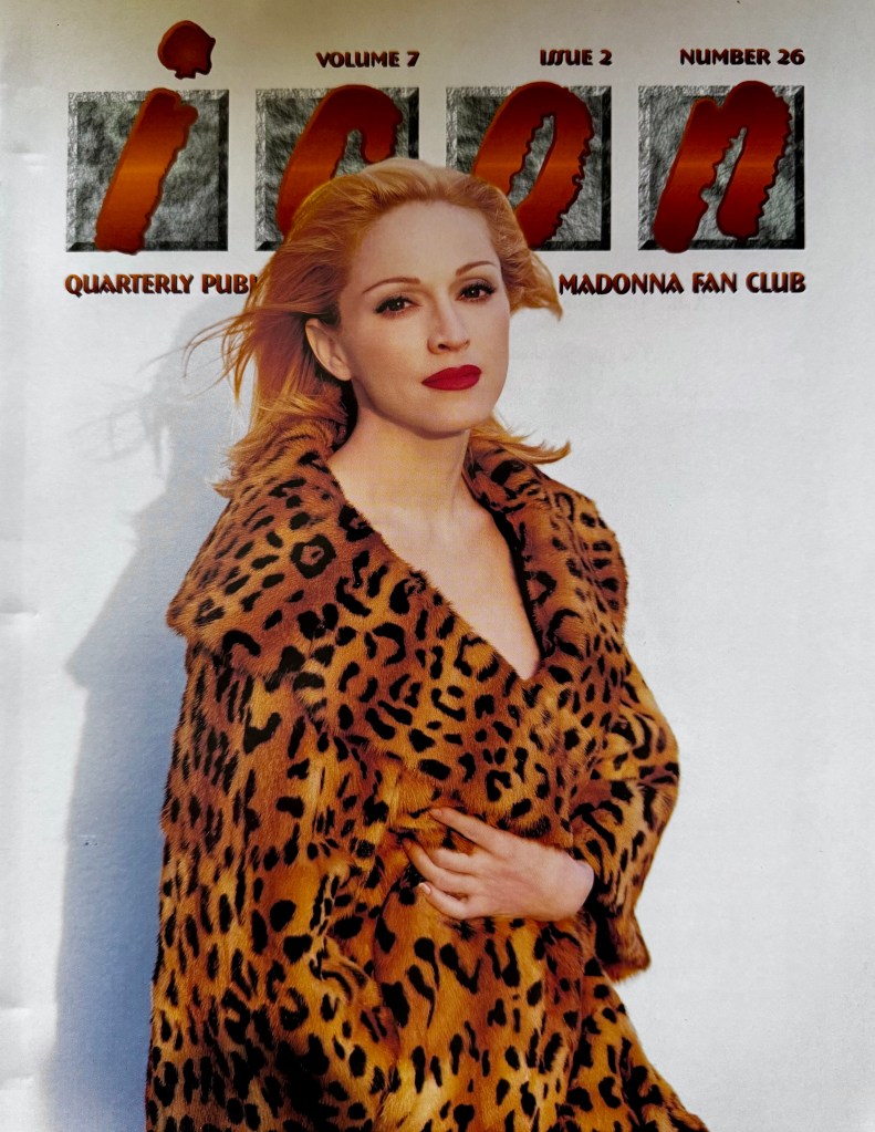 Cover of 'ICON' magazine featuring a woman with blonde hair and red lipstick, wearing a leopard print coat, promoting the Madonna fan club.