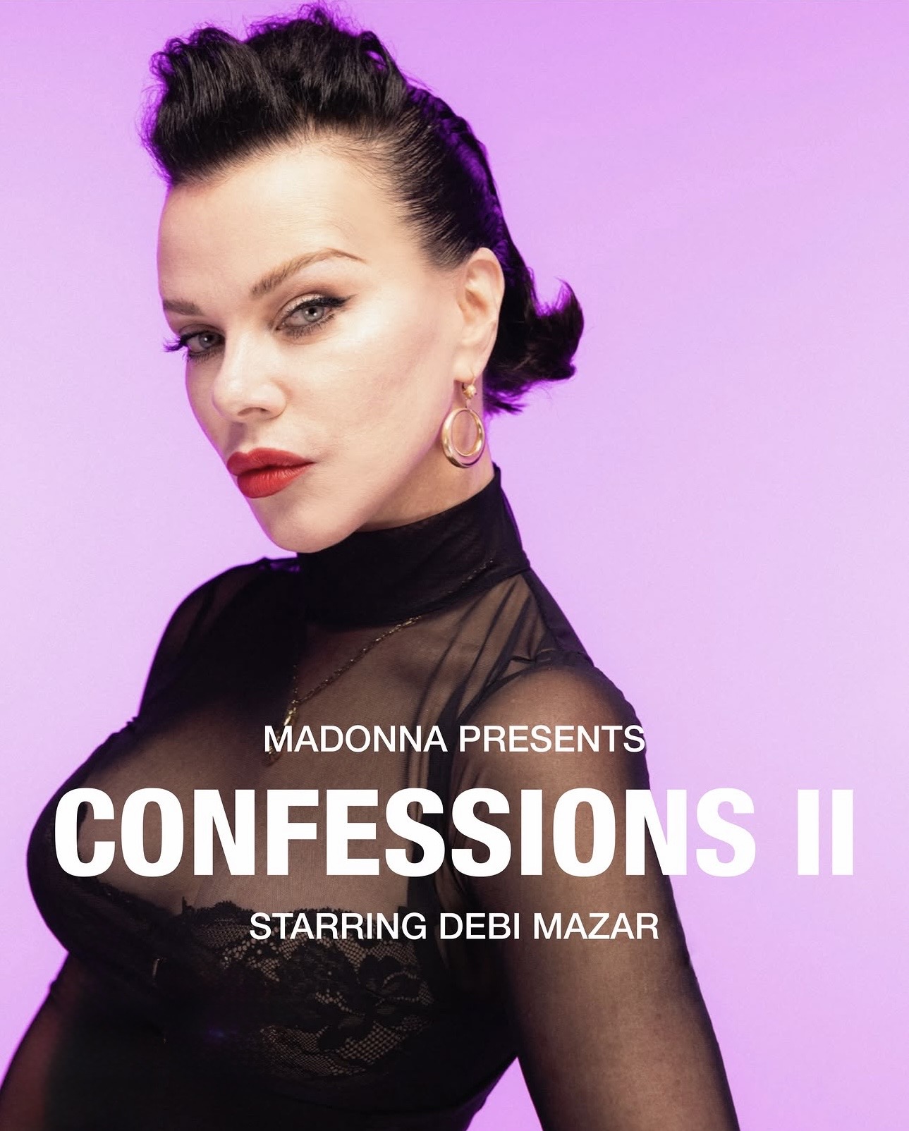 Promotional image for 'Confessions II' featuring a woman with dark hair styled in a sleek updo, wearing a black sheer top and gold hoop earrings, set against a pink background.