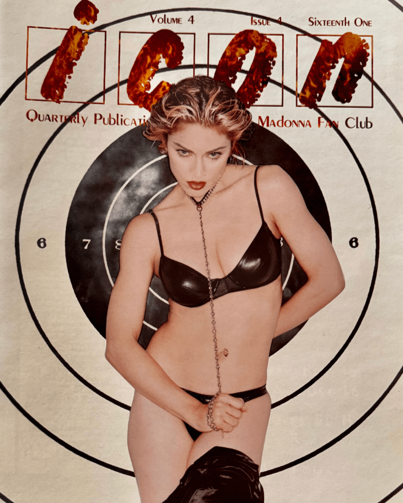 Cover of Icon magazine featuring a woman in a black bikini top and leather pants, posed against a target backdrop, with bold text indicating volume, issue, and title.
