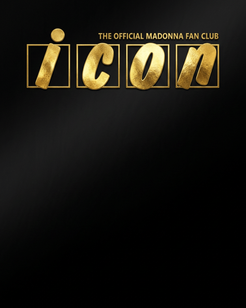 Logo of the official Madonna fan club with the word 'icon' displayed in gold letters on a black background.