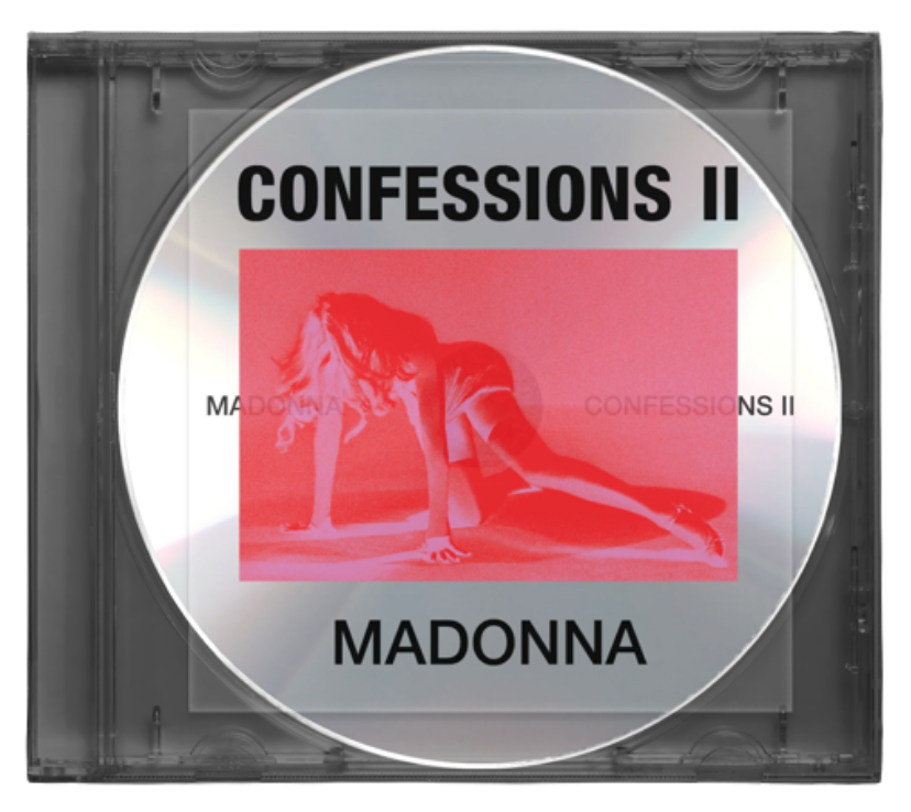 Album cover for 'Confessions II' by Madonna, featuring a minimalist design with a pink background and the artist's name prominently displayed.