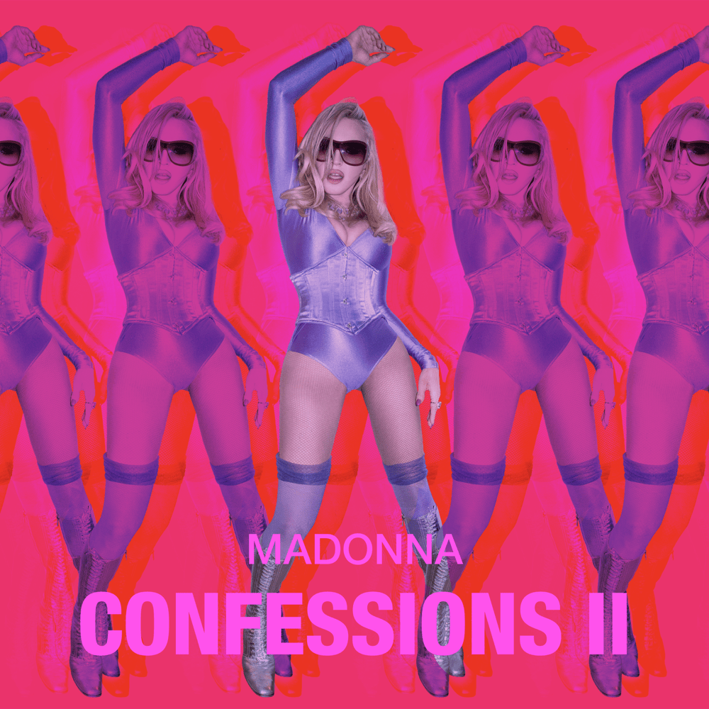 A stylized image featuring a female figure in a purple bodysuit and sunglasses, striking a pose. The background is bright pink with repeated outlines of the figure and the text 'MADONNA CONFESSIONS II' prominently displayed.