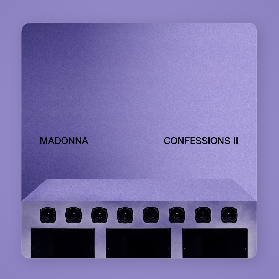 Album cover for Madonna's 'Confessions II' featuring a purple background with the text 'MADONNA' at the top and 'CONFESSIONS II' below it, accompanied by eight circular speakers at the bottom.