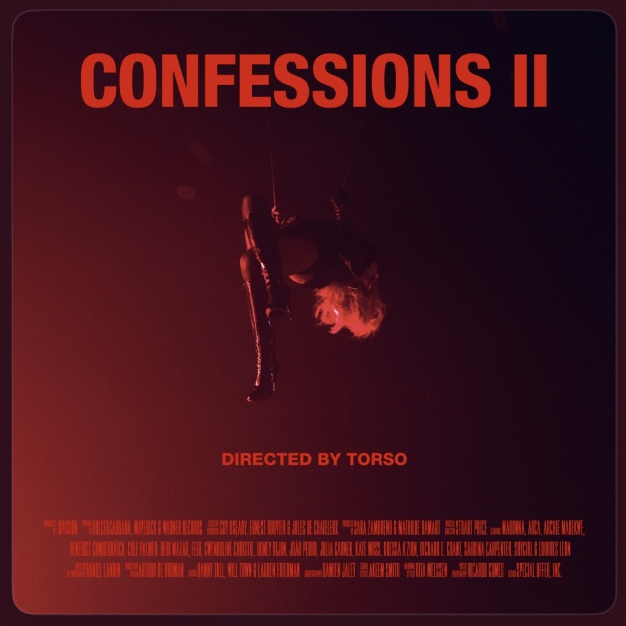 Movie poster for 'Confessions II,' featuring a figure suspended in mid-air against a dark background, with bold red title text and credits at the bottom.